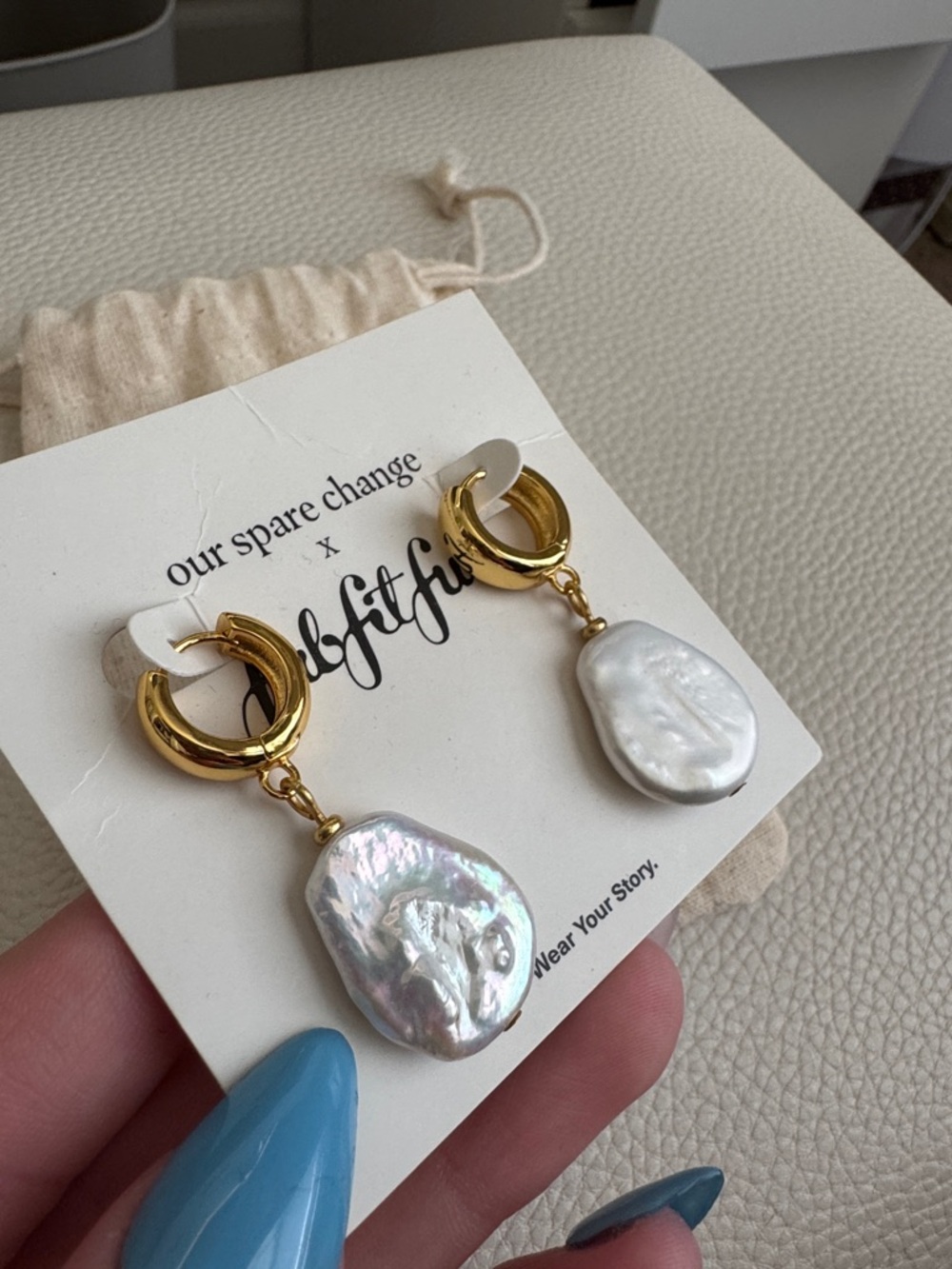 Gold Hoop Earrings with White Baroque Pearls - Picture 2 of 2